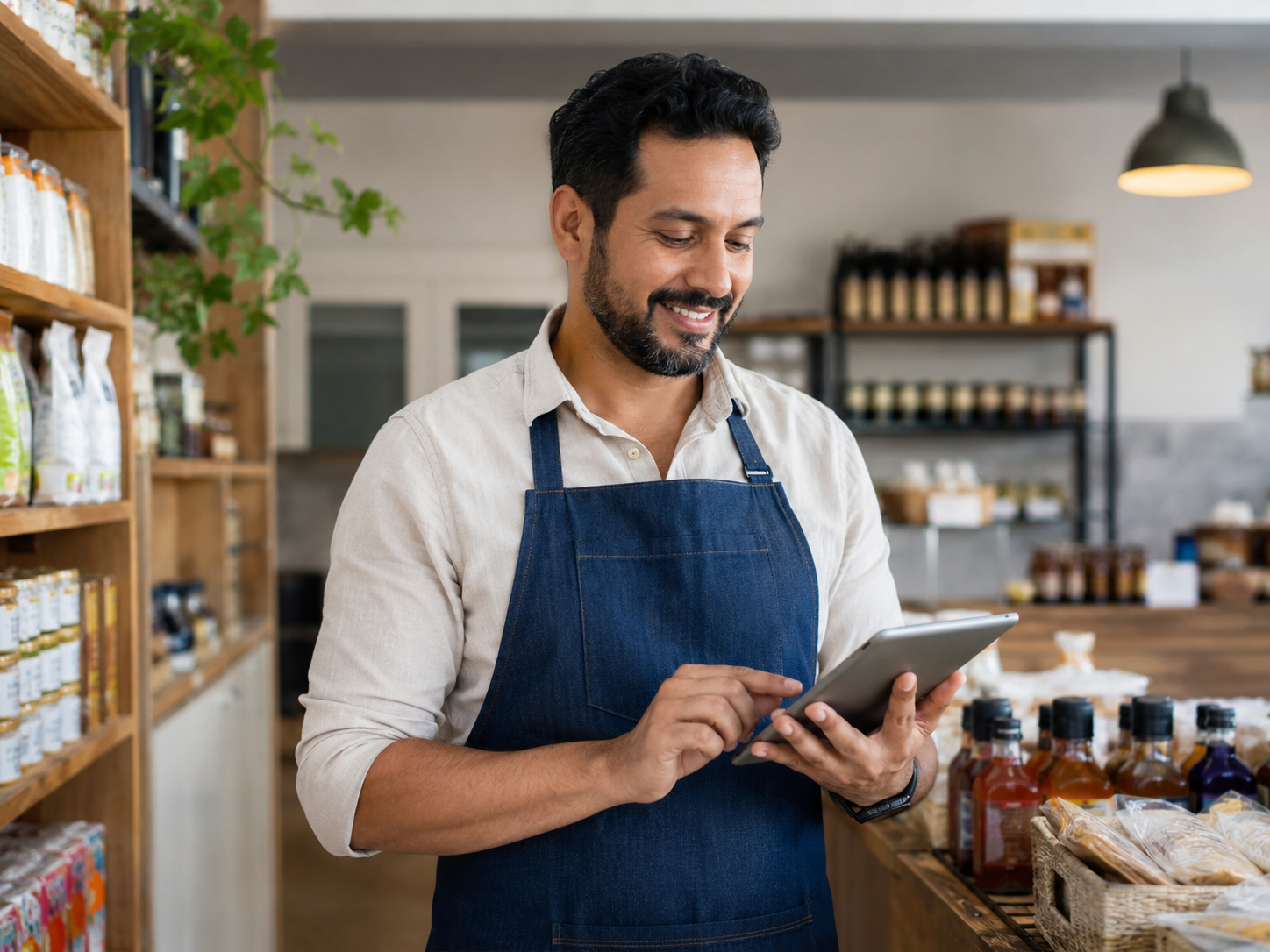 Emprendedor en su local revisando su tablet