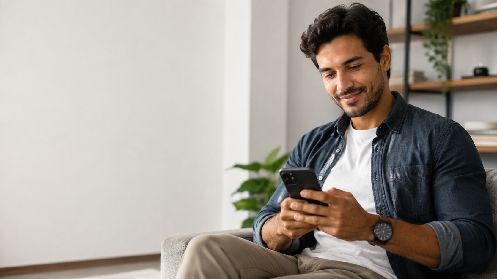 Emprendedor sonriendo mientras solicita crédito para su negocio desde su celular